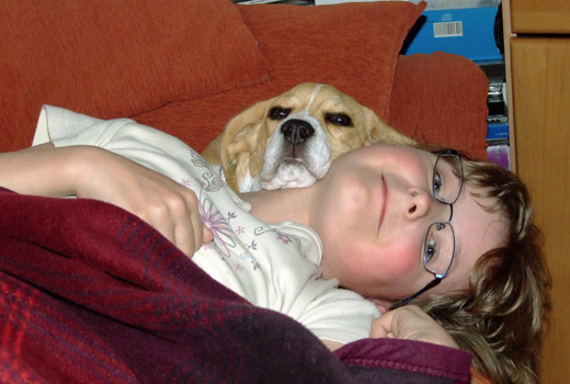 Beagle und Kind kuscheln auf dem Sofa